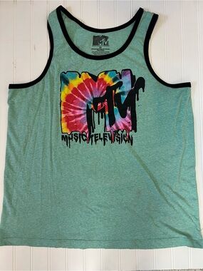 MTV 80s Green Drippy Tie Dye Logo Men’s Muscle Tank Size XL